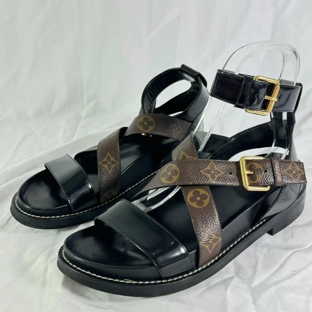 Louis Vuitton Black & Brown Monogram Crisscross Leather Sandals - Picture 3 of 11